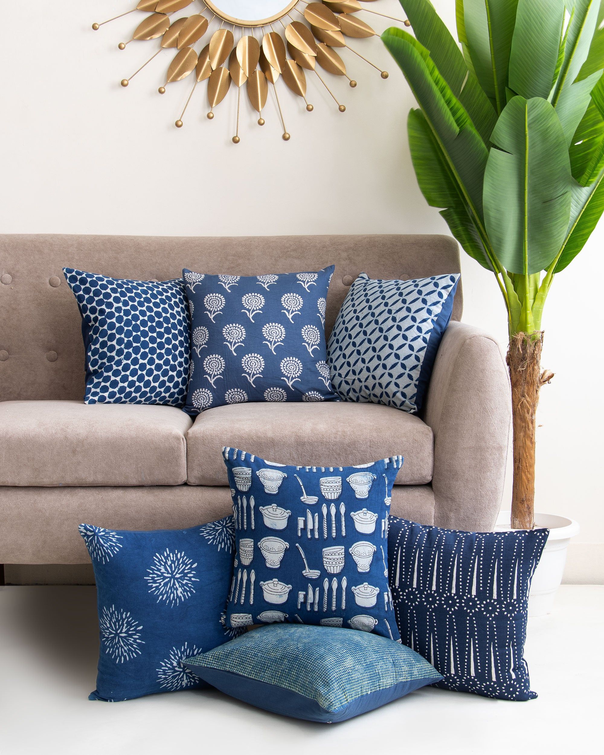 Assorted Indigo Hand Block Printed Cotton Cushion Cover